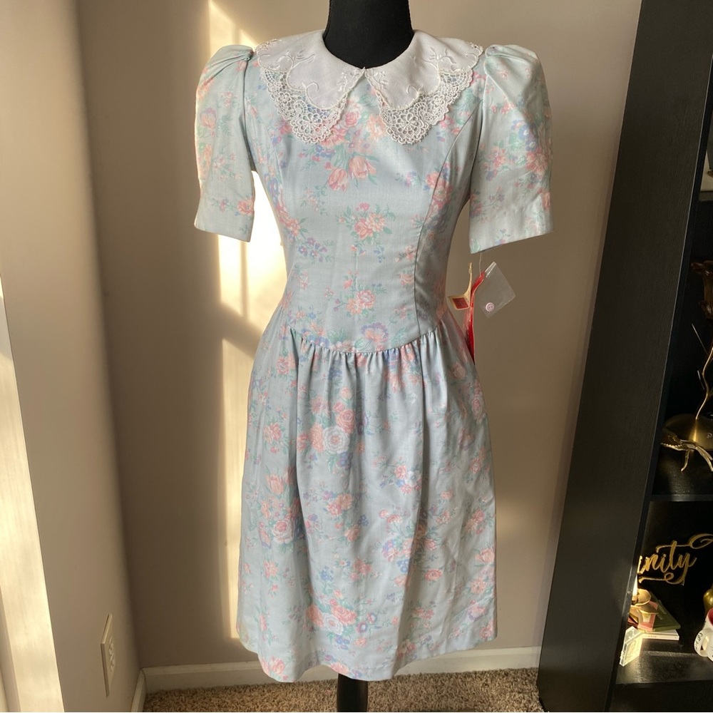NWT Deadstock Vintage Petite Lanz Size 2 blue floral collared dress
